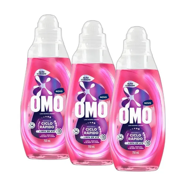 Kit 3 Lava-Roupas Líquido Omo Ciclo Rápido Ação Cuidado Frasco 750ml cada