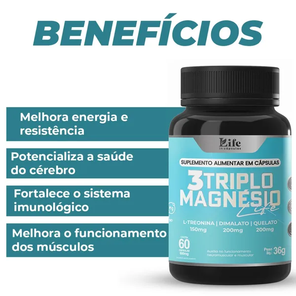 Triplo Magnésio - 60 caps - Quelato Dimalato L-Treonato | Muscular Concentração. Envio Rápido