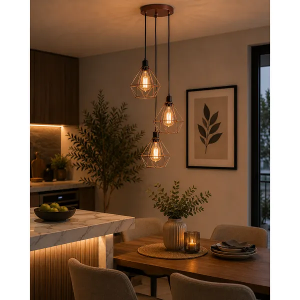 Luminária ​Teto Conjunto Lustre Pendente Diamante Triplo e-led Aramado Cozinha Sala Quarto Lavabo