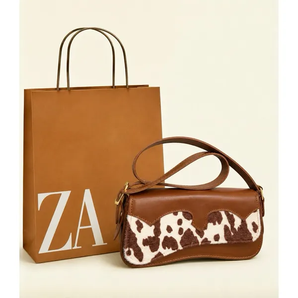Bolsa Baguete de Ombro Feminina Estampa de Vaquinha Novidade Country
