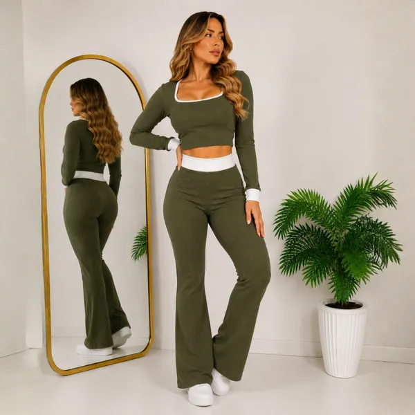 Conjunto Feminino Cropped manga longa Calça Flare Pantalona Levanta Bumbum Moda Casual Elegante