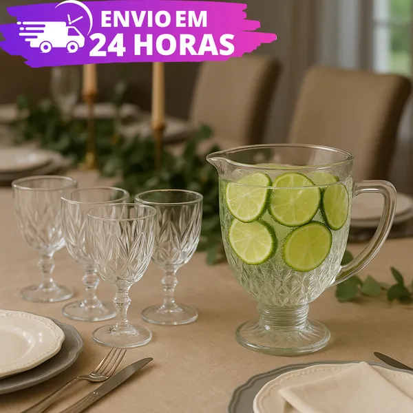 Conjunto Jarra Diamond 1200ML e Jogo Taças 340ML Diamante Kit Água Suco Vinhos