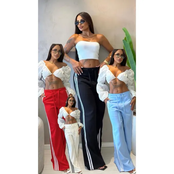Calça Pantalona Wid leg feminina /tecido marrante e listras na lateral/pantalona