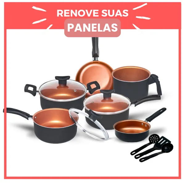 Jogo de Panelas Kit 9 Pçs Antiaderente Tampa Vidro Teflon