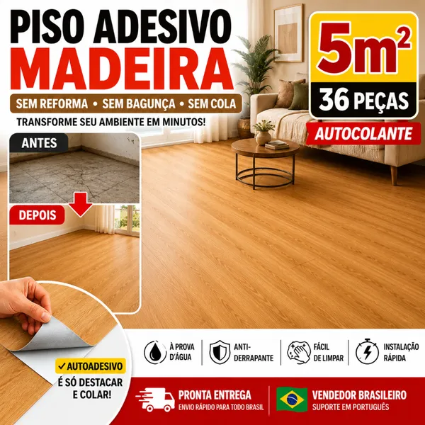 Piso Adesivo Madeira Autocolante 10m²/ 72 Peças Lavável Antiderrapante