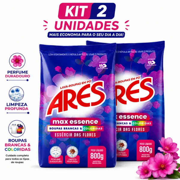 Kit 2 Sabão em Pó Lava Roupas Profissional Max Essence ARES 800g
