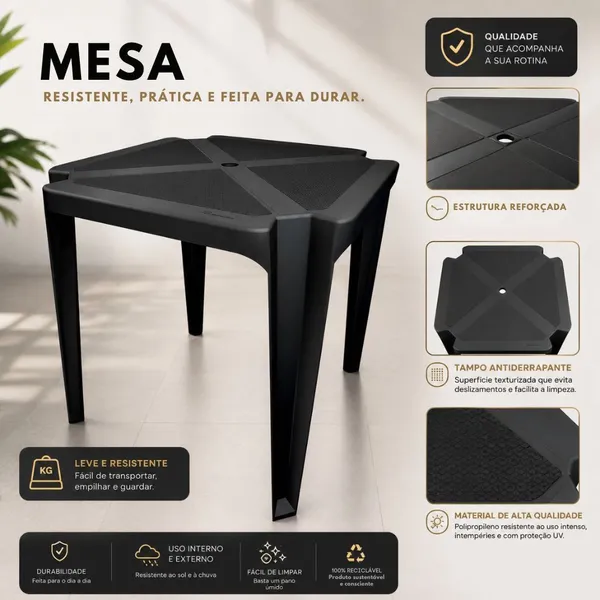Mesa de Plástico Monobloco Preta para Jardim e Comércio Preta Branca Resitente