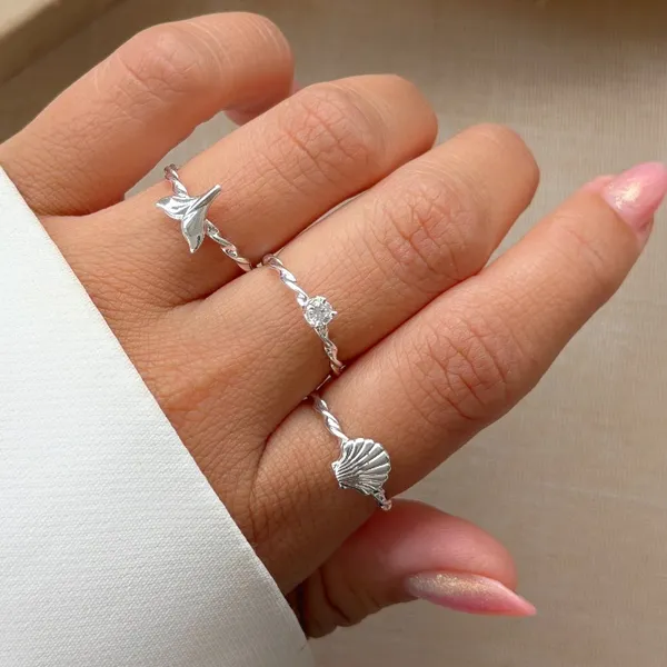 Anel Feminino Delicado Prata 925 Ajustável Estrela do Mar Concha e Zircônia | Anel Minimalista Moda Feminina