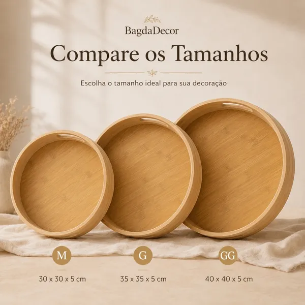 Bandeja De Bambu Redonda E Retangular Com E Sem Alça Decorativa Organizadora 11 Modelos