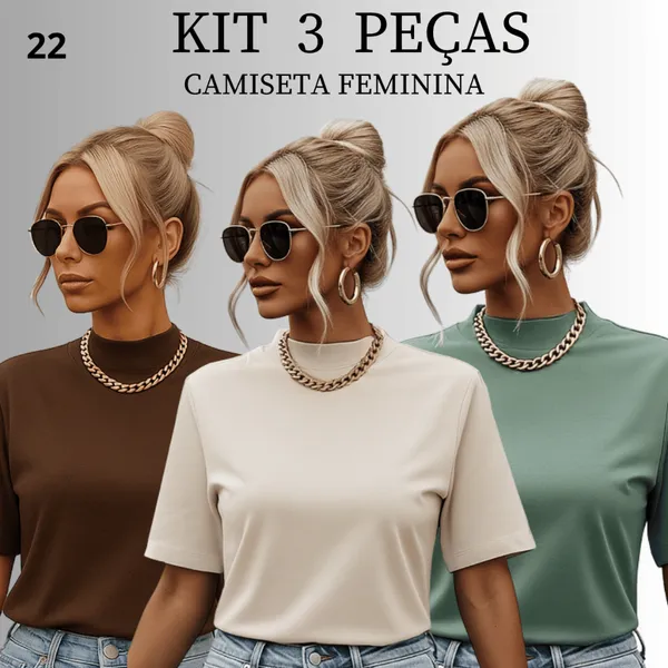 Kit 3 Blusas Feminina Blusinha T-shirt Oversized Gola Alta Lisa algodão macio