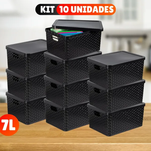 Kit Com 10 Cesto ​Caixa Organizadora Rattan Com Tampa  7 Litros Preto