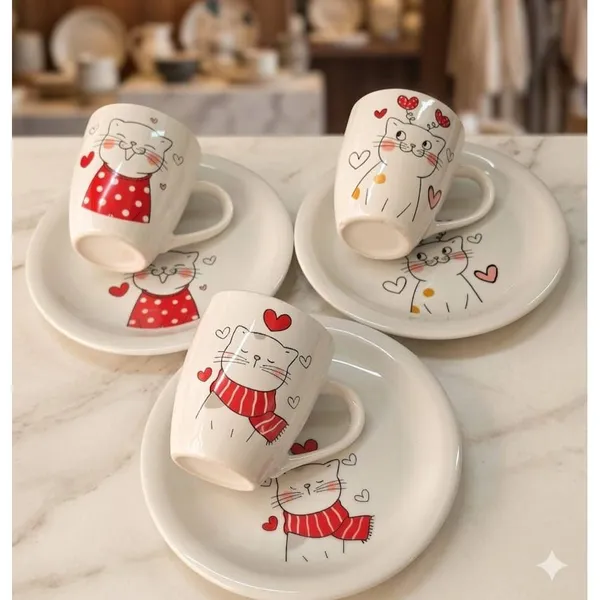 Kit Jogo Caneca Landy 240ml + Prato Sobremesa Lanche em Porcelana Linha Kids Gatinho Branco