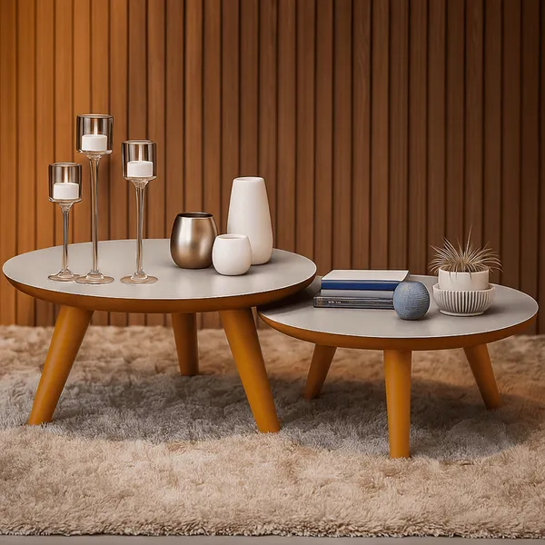 Duas Mesas De Centro Redonda Com Pés Plástico PVC Caramelo P/ Sala De Estar Decorativa Modernic
