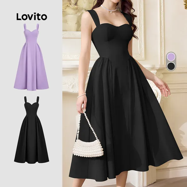 Lovito Elegante Vestido com Zíper Longo Delicado Primavera/verão Preto para Mulheres L154LD169