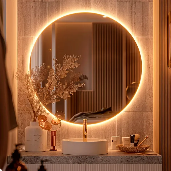 Espelho Decorativo Redondo para Escritório Sala Quarto Banheiro com Led 60cm + Suporte