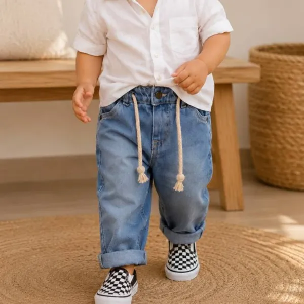 Calça Jeans Infantil Menino Baggy Oversized Com Cordão Casual  1 a 3 Anos