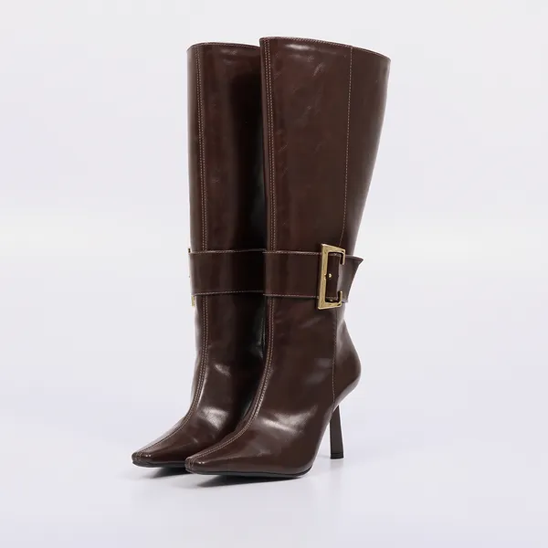 Bota Feminina Marrom Escuro Cano Alto Fivela Ajustável Salto Alto Fino Bico Fino Perla Confortável