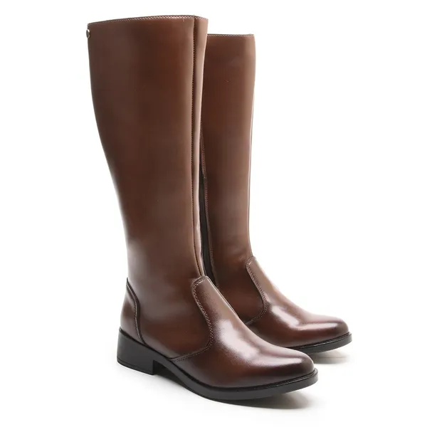 Bota Feminina Montaria Versales Bico Fino Cano Alto ​Confortável Salto Baixo Bloco Café Preto