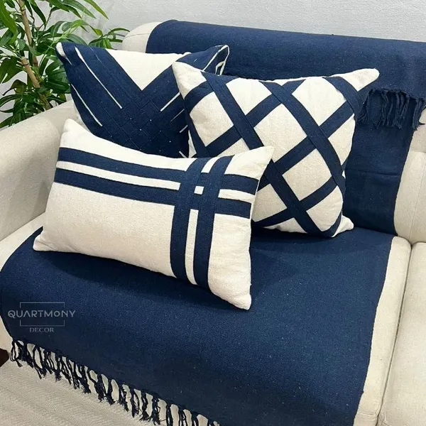 Kit Capa Almofada Fita Azul Marinho Rustica Boho Chic Artesanal Sofa Cama Tiras Terracota Moderno