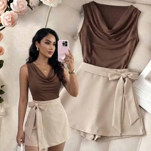 Conjunto Alfaiataria Short Saia com Cinto Ajuste Laço + Blusa Gola BOBA | P ao GG