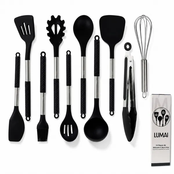 Lumai Kit 10 Utensílios Cozinha Silicone Inox Espátula Concha Pincel Pegador Panela Antiaderente