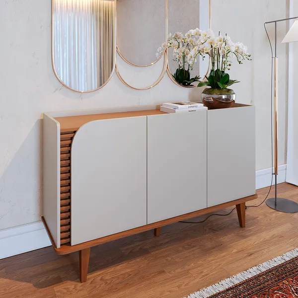Aparador Buffet Para Sala de  Jantar 3 Portas Elora C04 Off White Matte Freijó - Lyam Decor