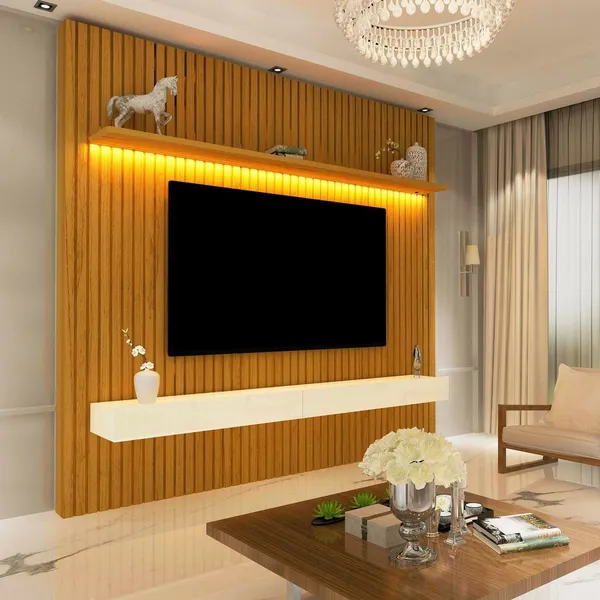 Rack com Painel Ripado para TV até 75 Polegadas com LED 100% MDF 184CMX250CM 2 Gavetas Nobre Marrom Naturale/Off White