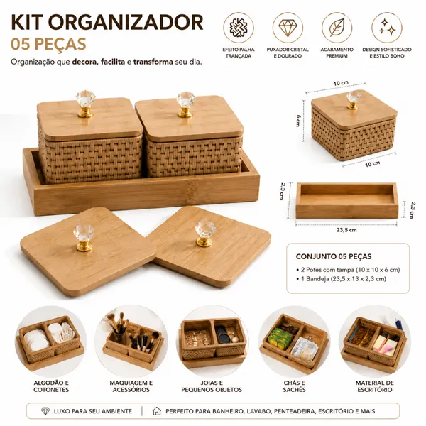 Kit Organizador Com Bandeja MDF Luxo Efeito Palha Decoração Banheiro Casa Escritorio Multiuso