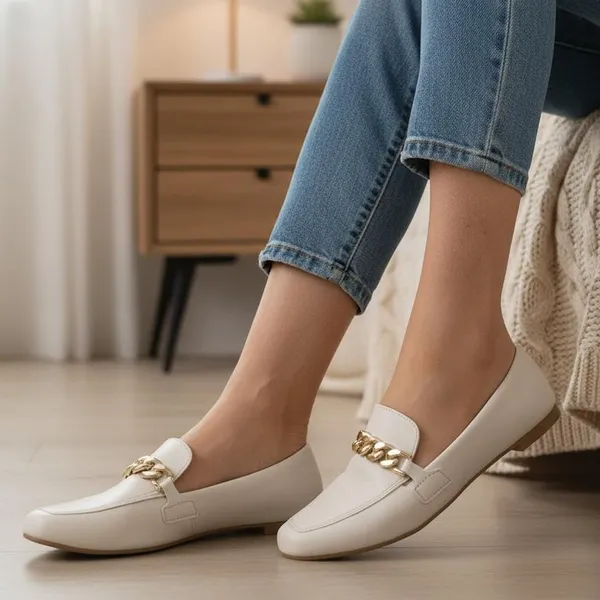 Mocassim Feminino Elegante Casual Confort Bico Quadrado com Corrente – Ref. 4706