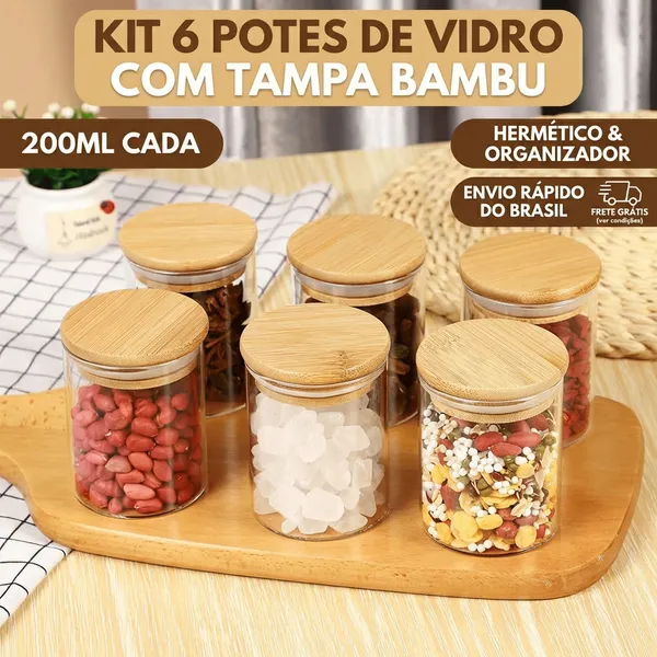Kit 12/6 Potes de Vidro ​200ml com Tampa Bambu Hermética - Porta Mantimentos Pequeno para Especiarias e Grãos