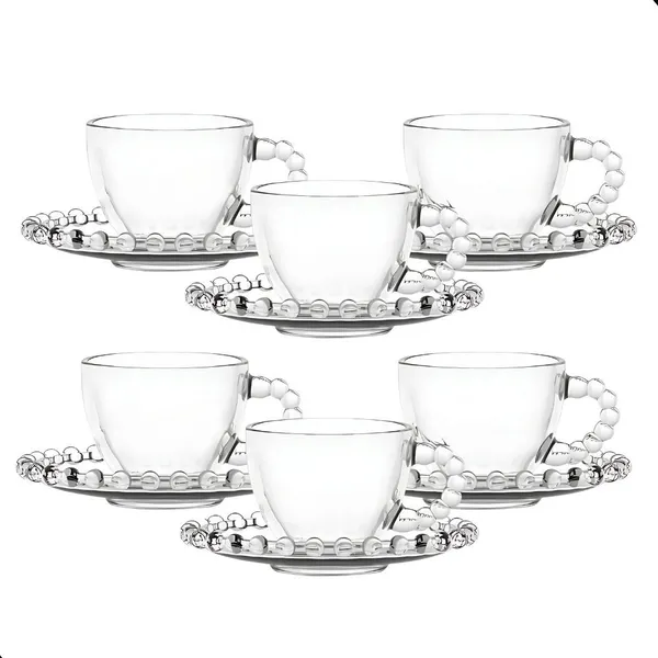 Jogo De Xícaras E Pires Em Vidro Transparente 12 Peças Para Café 100ml Pearl Pérola
