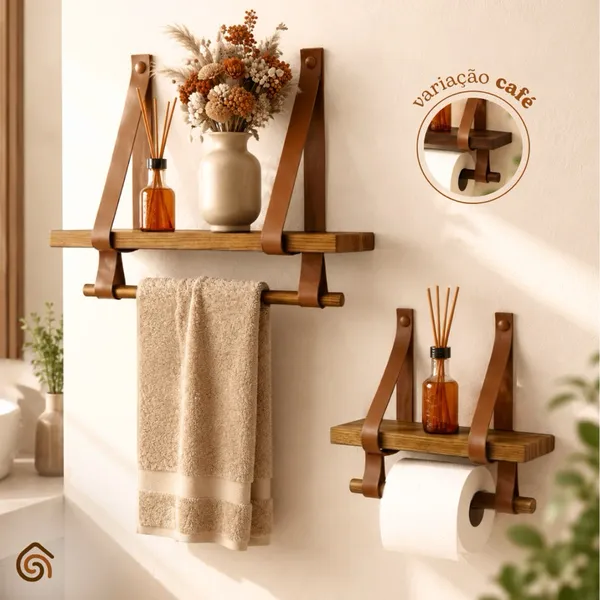 Kit Prateleiras de Madeira e Alças de Couro para Banheiro com Verniz Decoração Rústica | Casa Madêco