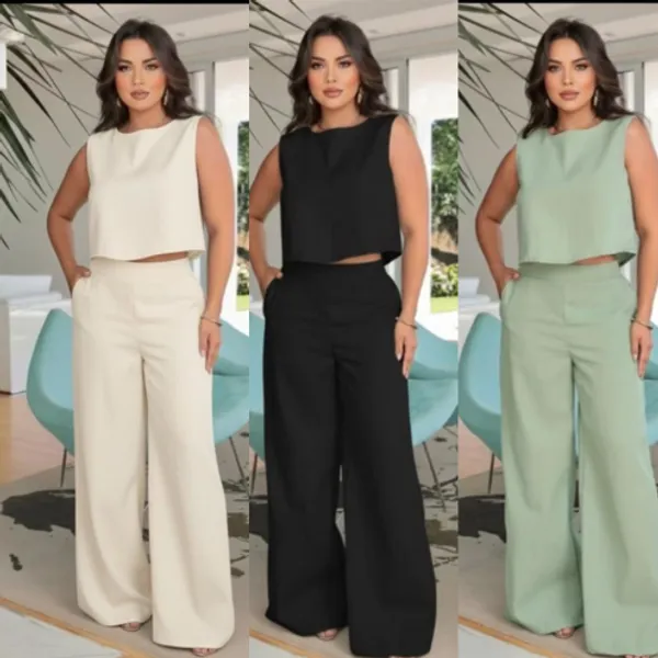Conjunto Feminino Linho Calça Pantalona + Blusa regata de linho Elegante Chique