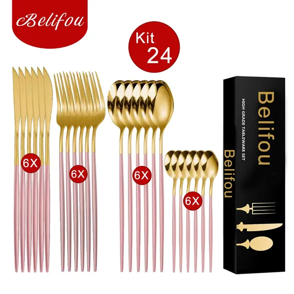 Belifou Kit 24 Jogo De Talheres Aço Inoxidável Rosa Dourado Resistente ao Desbotamento