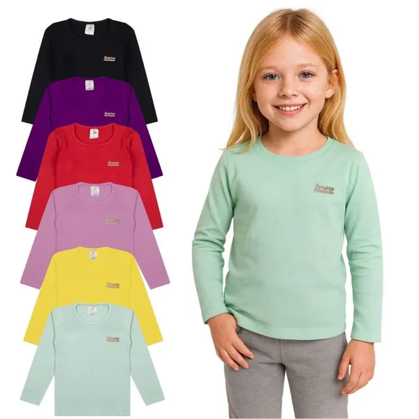 Kit 5 Blusas Manga Longa Infantil Menina Algodão Lisa