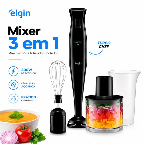 Mixer ​3 em 1 Elgin Turbo Chef 200W Preto Mixer de Mão com Triturador e Batedor 3 peças