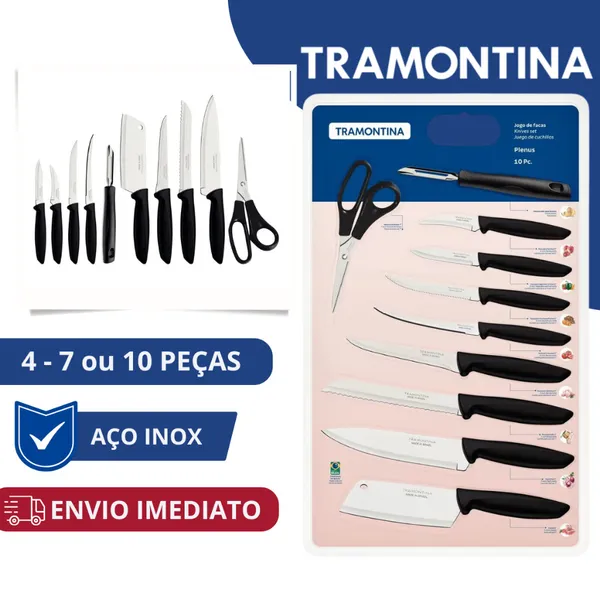 Jogo De Facas Inox Tramontina 4 7 10 Peças 5 Peças Com Cepo de Madeira Plenus Preto