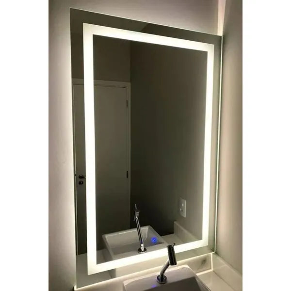 Espelho Jateado Retangular 80x50 cm com LED 3 Cores e Botão Touch para Banheiro Lavabo Penteadeira