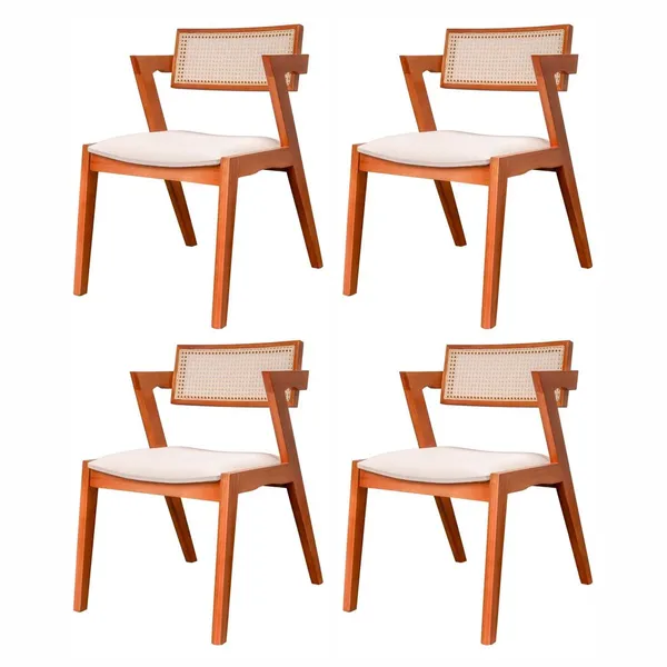 Kit 4 Cadeiras Madeira Maciça, Rattan de Fibra 100% Natural e Estofada Verona Espresso Móveis Champagne/Off White