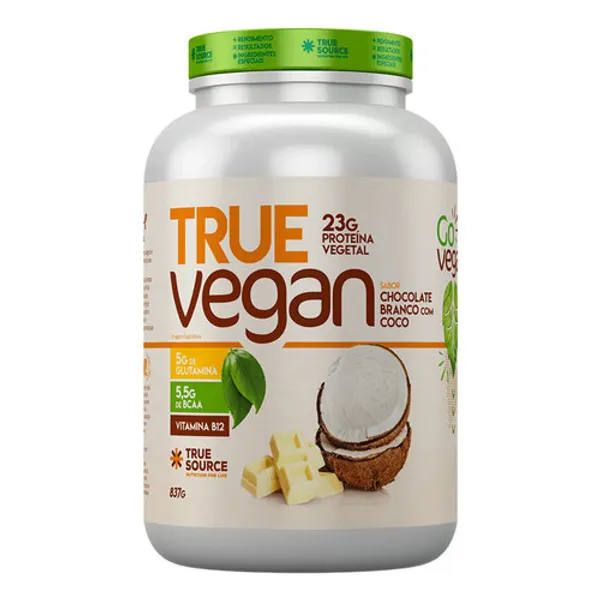 True Vegan Proteína Vegana 837g - True Source - Zero Lactose Sabor True Vegan Chocolate Branco C/coco