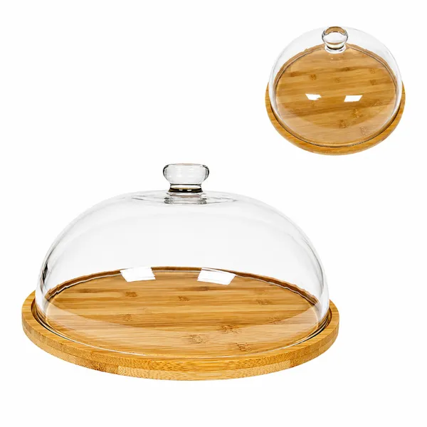 Porta Bolos Boleira Tampa de Vidro C/ Base ​em Madeira 29cm