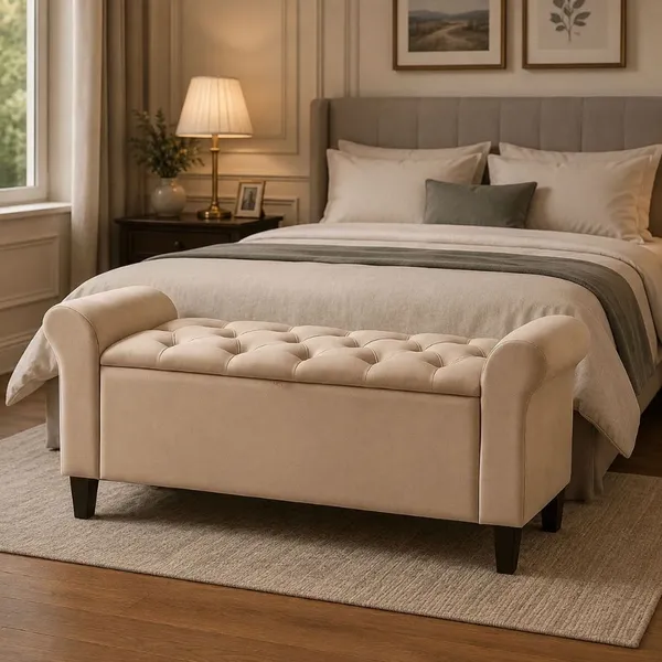 Recamier Baú Puff 120 cm Com Braços Com Baú Calçadeira para Quarto Casal Capitonê Suede