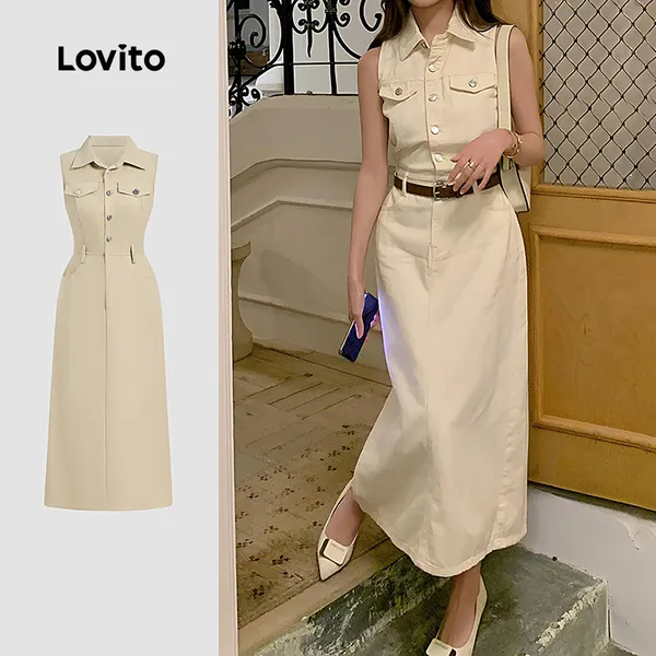 Lovito Elegante Vestido com Botões para Primavera/verão em Tom Cáqui Claro para mulheres L154LD253