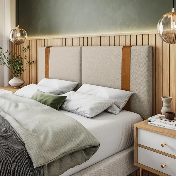 Cabeceira De Cama ​Ártemis QUEEM 1,60x0,55 Linho Bege e Couro Sintético Caramelo