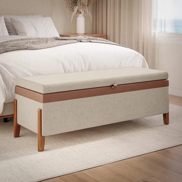 Recamier Atenas 120cm Puff Baú Linho Bege Casal Organizador Moderno Sapateira Confortável P/ Quarto
