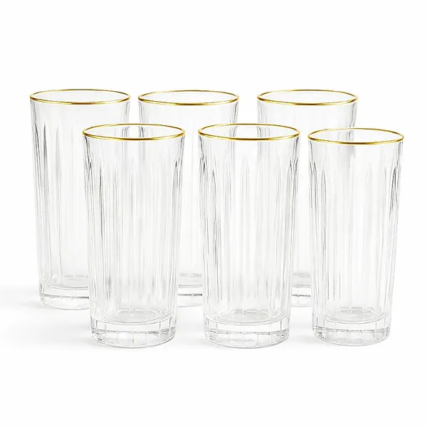 Jogo 6 Copos Altos Com Borda Dourada Em Vidro 370ml Bebidas