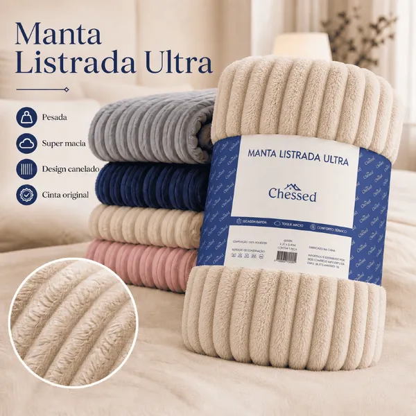Manta Canelada Fleece Macia Cobertor Sofá Cama Leve Presente Casal ​/Queen
