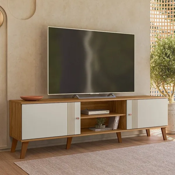 Rack para TV até 75 Polegadas MDF 180cm 2 Portas Nature Off White Denver Marrom Nature/Off White