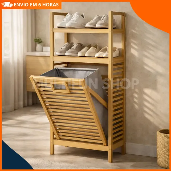 SAPATEIRA ORGANIZADOR DE SAPATOS COM CESTO FEITO EM BAMBU - MULTIFUNCIONAL IDEAL PARA BANHEIRO QUARTO LAVANDERIA