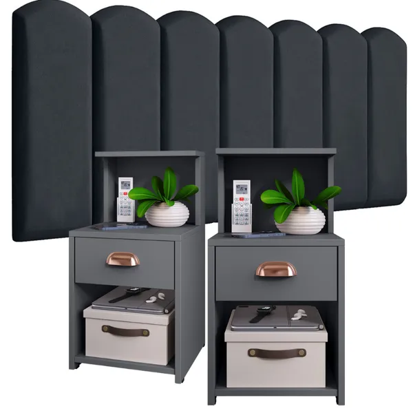 Conjunto de Cabeceiras em Módulos NUVEM + Kit Mesa de Cabeceira CLÉO com 1 Gaveta e Prateleira
